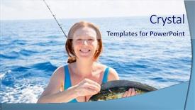  Presentation with fishing boat - Beautiful slide set featuring charter - woman fishing dorado mahi-mahi fish backdrop and a sky blue colored foreground