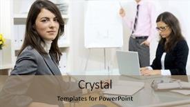  Presentation with standing sitting - Theme enhanced with charting course - young businesswomen sitting at desk background and a coral colored foreground