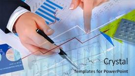  Presentation with desktop - Cool new presentation theme with charts diagrams documents on the desktop place a business person collage backdrop and a light blue colored foreground