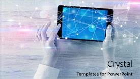 Presentation with tablet - Presentation design having charts report and informational flow background and a  colored foreground