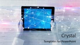  Presentation with tablet - Beautiful theme featuring charts report and informational flow backdrop and a light blue colored foreground