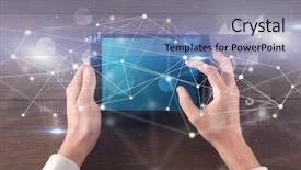  Presentation with tablet - Presentation with charts report and informational flow background and a light blue colored foreground