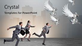  Presentation with angel broking - Slide set consisting of chase - businesspeople chasing angel investor funding background and a light gray colored foreground