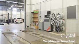  Presentation with repair shop - Audience pleasing slide deck consisting of chassis - interior of a car repair backdrop and a coral colored foreground