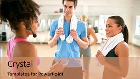  Presentation with chat - Amazing slides having chat between young man and two women exercisers while resting after fitness training at gym backdrop and a coral colored foreground