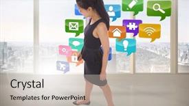  Presentation with red puzzle - Slide deck with chatting thorugh computer - asian businesswoman walking against red background and a  colored foreground