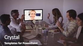  Presentation with video conference - PPT theme consisting of chatting thorugh computer - business people talking to expert background and a  colored foreground