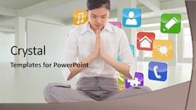  Presentation with seeing through fog - Beautiful slides featuring chatting thorugh computer - businesswoman sitting in lotus pose backdrop and a  colored foreground