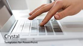  Presentation with laptop - Slide deck enhanced with chatting thorugh computer - close-up of hands of businesswoman background and a sky blue colored foreground