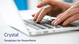  Presentation with laptop - Beautiful PPT theme featuring chatting thorugh computer - close-up of hands of businesswoman backdrop and a sky blue colored foreground