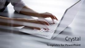  Presentation with laptop - Colorful slide set enhanced with chatting thorugh computer - close-up of hands of businesswoman backdrop and a light gray colored foreground