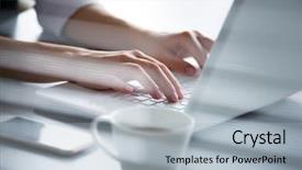  Presentation with hands of anonymous hackers typing - Beautiful PPT theme featuring chatting thorugh computer - close-up of hands of businesswoman backdrop and a light gray colored foreground