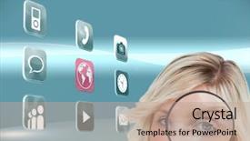  Presentation with looking glass - Beautiful slides featuring chatting thorugh computer - composite image of fair-haired woman backdrop and a  colored foreground