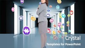  Presentation with cityscape - Audience pleasing slide set consisting of chatting thorugh computer - focused businesswoman against cityscape seen backdrop and a  colored foreground