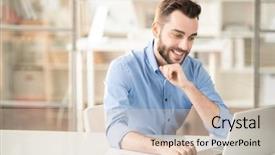  Presentation with search button searching information online - Presentation theme with chatting thorugh computer - happy young office manager sitting background and a lemonade colored foreground