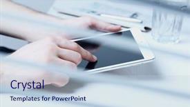  Presentation with hands holding black tablet - Cool new presentation theme with chatting thorugh computer - man holding tablet in hands backdrop and a  colored foreground