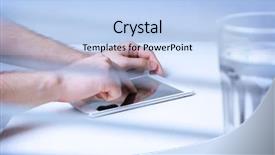  Presentation with hands holding black tablet - PPT theme consisting of chatting thorugh computer - man holding tablet in hands background and a  colored foreground