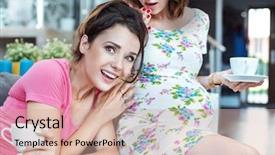  Presentation with goals in women - Amazing PPT theme having chatting thorugh computer - two attractive women spending time backdrop and a coral colored foreground