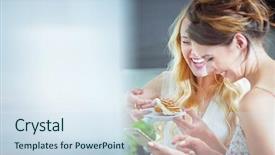  Presentation with time - Colorful slide set enhanced with chatting thorugh computer - two attractive women spending time backdrop and a sky blue colored foreground