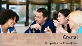  Presentation with lunch club - Slides having chatting while lunch in restaurant background and a coral colored foreground