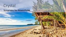  Presentation with cheap - Slide deck featuring cheap bungalows for backpackers on a tropical beach thailand background and a light blue colored foreground