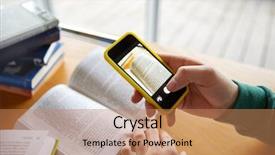  Presentation with people mobile technology - Amazing PPT theme having cheat sheet in school library backdrop and a coral colored foreground