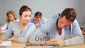  Presentation with cheating - Theme featuring cheating - female student trying to cheat background and a coral colored foreground