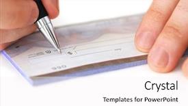  Presentation with writing - Cool new presentation with bank check - closeup of man's hands writing backdrop and a white colored foreground