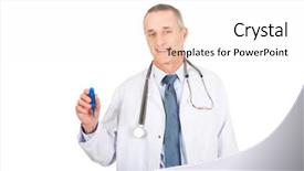  Presentation with doctor discussing parents - Presentation theme having check body temperature - experienced mature male doctor holding background and a  colored foreground