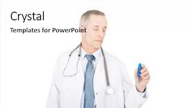  Presentation with ethical doctor - PPT theme consisting of check body temperature - experienced mature male doctor holding background and a  colored foreground