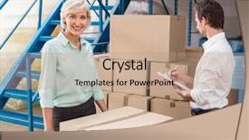  Presentation with managers - PPT theme with check box - focused warehouse managers with clipboard background and a coral colored foreground