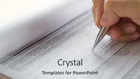  Presentation with application - Slide set featuring check box - hand with pen over application background and a light gray colored foreground