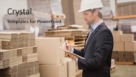  Presentation with inventory - Slides consisting of check box - serious warehouse manager checking inventory background and a coral colored foreground