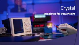  Presentation with electronics - PPT layouts with check-electronics-device-in-industrial background and a royal blue colored foreground