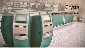  Presentation with airport facial recognition - Amazing PPT theme having check-in counter at airport backdrop and a  colored foreground