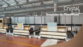  Presentation with counters - Audience pleasing PPT theme consisting of check-in-counters-and-luggage backdrop and a gray colored foreground
