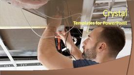  Presentation with measuring - PPT theme featuring check lead - male technician measuring voltage background and a violet colored foreground