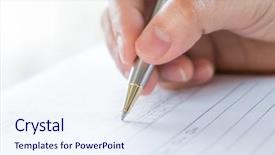  Presentation with agriculture application - Slide deck featuring comparison lists - hand with pen over application background and a sky blue colored foreground