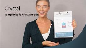  Presentation with gray - Cool new slides with liting backgroud - happy young businesswoman standing backdrop and a mint green colored foreground