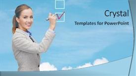  Presentation with new office - Slide set with office business and new technology concept - smiling businesswoman writing something in the air with marker background and a light blue colored foreground