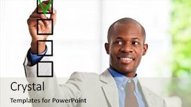  Presentation with voting - Beautiful PPT theme featuring check mark - portrait of a smiling businessman backdrop and a soft green colored foreground