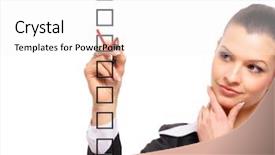  Presentation with three for one - Cool new slide set with check mark - woman choosing one of three backdrop and a white colored foreground