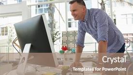  Presentation with computer network design - Cool new theme with check pattern - smiling designer using computer while backdrop and a coral colored foreground