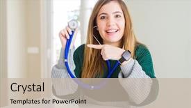  Presentation with health - Colorful slide deck enhanced with check presentation - beautiful young woman checking health backdrop and a mint green colored foreground