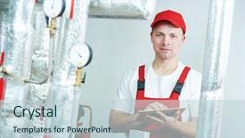  Presentation with maintenance - Colorful slide deck enhanced with check valve - technician maintenance repairman engineer inspecting backdrop and a lemonade colored foreground