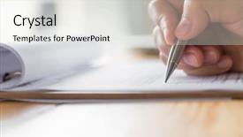  Presentation with application - PPT layouts having checkbox - hand with pen over application background and a white colored foreground