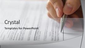  Presentation with application - Colorful presentation theme enhanced with checkbox - hand with pen over application backdrop and a white colored foreground