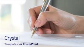  Presentation with recruitment application - Theme having checkbox - hand with pen over application background and a sky blue colored foreground