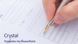  Presentation with application - Cool new presentation theme with checkbox - hand with pen over application backdrop and a sky blue colored foreground