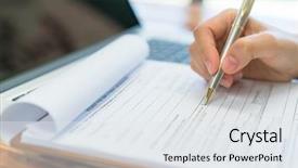  Presentation with application - Beautiful PPT layouts featuring checkbox - hand with pen over application backdrop and a sky blue colored foreground